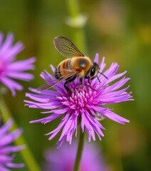Hover fly mimics bee, nectaring on vibrant purple Greater Knapweed, knapweed, British flora