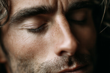 A close up of a man's face with his eyes closed