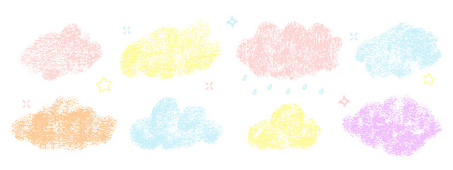 Crayon Clouds Bubbles Vector Set. Chalk Scribble Foggy Shapes Collection. Black Hand Drawn Brush Texture Star, Cloud, Rain Pencil Emphasis Elements. Charcoal Doodle Sky Balloons Bundle. Isolated