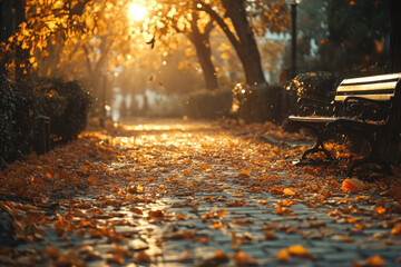 Bench in a park with fallen leaves.