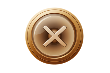 Glossy golden button with an 'X' mark, transparent background. Round, shiny, and elevated design elements
