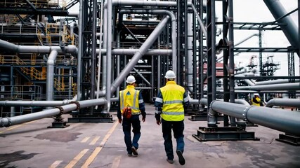 Wide-angle video shot of two workers in safety gear walking through an industrial plant, highlighting pipes and metal structures.