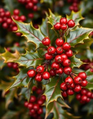 Obraz premium Lustrous red berries cluster on a vibrant gold-tinged holly branch, festive winter decor, nature, decoration, bright