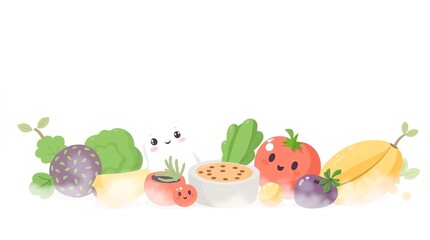 Watercolor illustration of cute vegetables and fruit