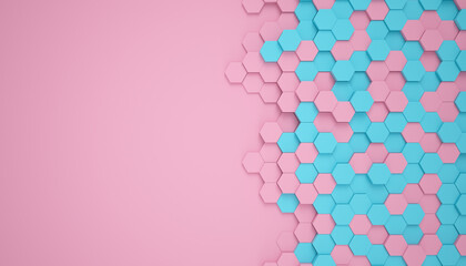 3d rendering of hexagons in blue and pink over pink color background - abstract background - wallpaper - backdrop.