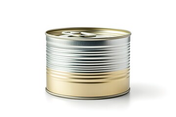 Metal food can with ring pull opener isolated against a white studio background