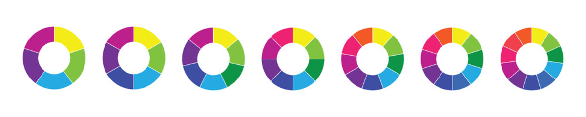 Pie chart set. Circle section graph. Circle division infographic icon set. Infographic wheel segment or section parts. Pie chart divided 1,2,3,4,5,6,7,8,9,10,11,12 equal parts. Vector illustration set
