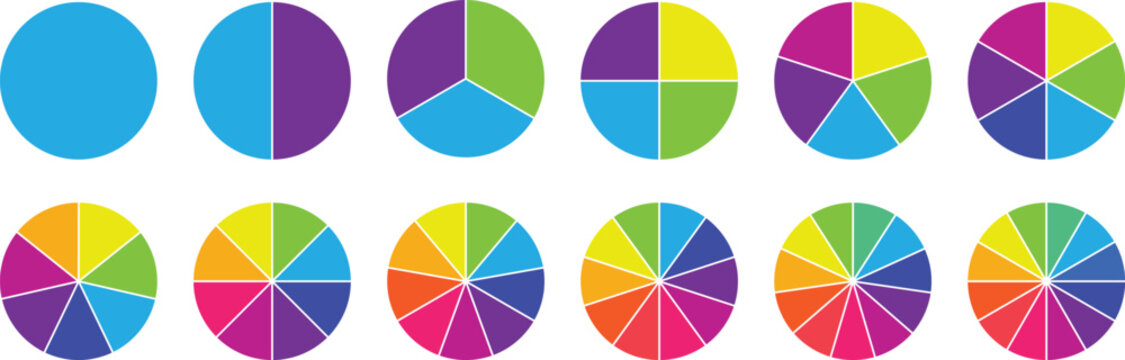 Pie chart set, segmented circle icons, circle diagram with sections or parts, vector. Circle diagram collection with sections or part. Pie chart infographic set. Vector illustration