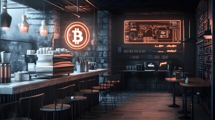 Cryptocurrency Cafe: A modern cafe showcases a Bitcoin-themed decor, illuminated with neon, showcasing the sleek interior design and modern ambiance for digital currency enthusiasts.