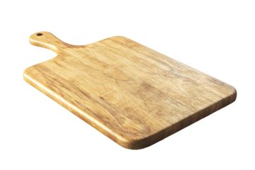 Wood cutting board. Grain pattern, wear marks, & handle. Light brown tones on transparent background