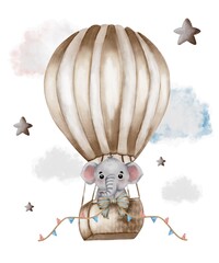 Cute elephant in a hot air balloon among clouds and stars for cheerful decor © Yuliia Kostenko