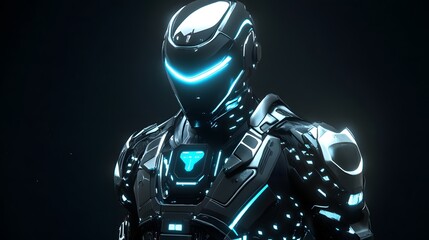 Cybernetic Warrior: Futuristic cyborg soldier with glowing neon blue accents on dark armor, poised for action in a dramatic dark setting.