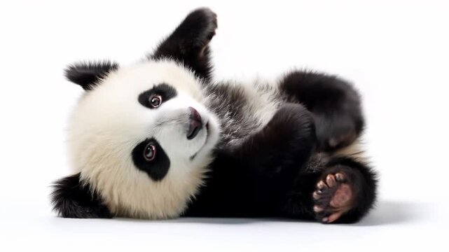 Cute and playful panda cub lying on the floor, moving and looking at the camera, on a white background. 4K.