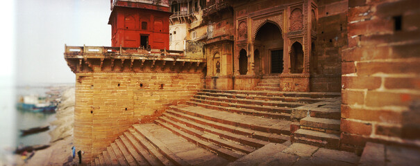 Panoramic view of temple at a ghat, Ganges River, Varanasi, Uttar Pradesh, India.