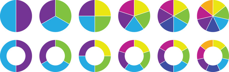 Pie chart set. Different color circles. Circle section graph. Pie chart color icons. Pie chart divided 1, 2, 3, 4, 5, 6, 7, 8, 9, 10, 11, 12 equal parts. Colorful diagram graphs. Vector illustration