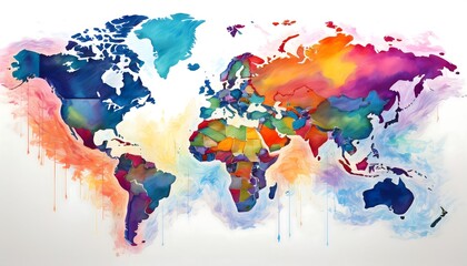 Colorful Abstract World Map Illustration with Vibrant Watercolor Design and Artistic Elements