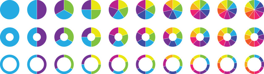 Circle pie chart diagram. Pie chart set. Colorful diagram collection with sections or steps. 1,2,3,4,56,7,8,9,10,11,12 segment infographic. Wheel round diagram part symbol. Vector illustration