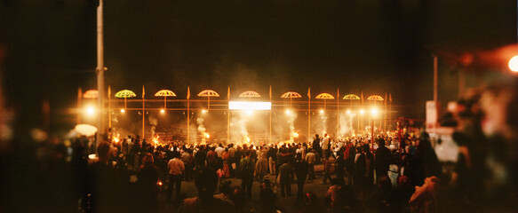 Panoramic image of people praying on the ghat, Ganges River, Varanasi, Uttar Pradesh, India.