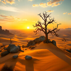 Dry tree in sandy and rocky desert, against the backdrop of hot setting sun.