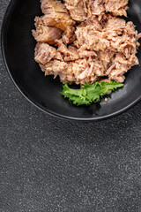 Tuna canned fish seafood appetizer dish organic product fresh tasty gourmet food background on the table rustic food top view copy space keto and paleo pescetarian diet