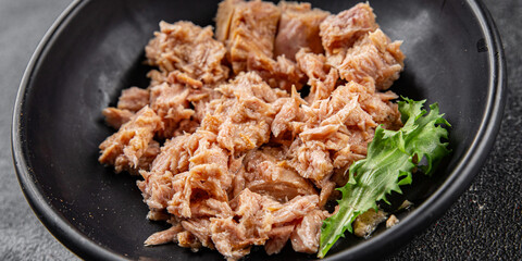 Tuna canned fish seafood appetizer dish organic product fresh tasty gourmet food background on the table rustic food top view copy space keto and paleo pescetarian diet