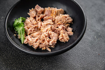 Tuna canned fish seafood appetizer dish organic product fresh tasty gourmet food background on the table rustic food top view copy space keto and paleo pescetarian diet