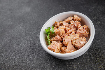 Tuna canned fish seafood appetizer dish organic product fresh tasty gourmet food background on the table rustic food top view copy space keto and paleo pescetarian diet