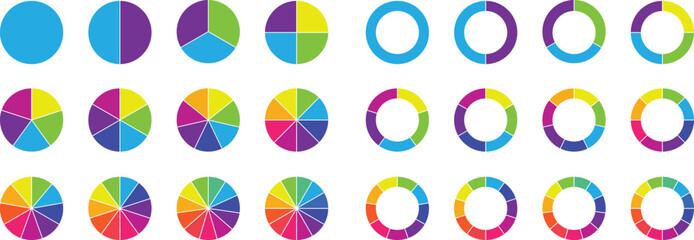 Circle pie chart diagram. Circle section graph. 2,3,4,5,6,7,8,9,10,11,12 sections or steps. Colorful Pie chart set. Pie chart circle. Flat process cycle. Progress sectors. Vector illustration set