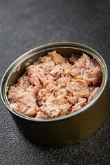 Tuna canned fish seafood appetizer dish organic product fresh tasty gourmet food background on the table rustic food top view copy space keto and paleo pescetarian diet