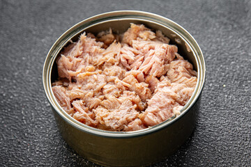 Tuna canned fish seafood appetizer dish organic product fresh tasty gourmet food background on the table rustic food top view copy space keto and paleo pescetarian diet