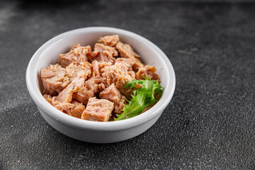 Tuna canned fish seafood appetizer dish organic product fresh tasty gourmet food background on the table rustic food top view copy space keto and paleo pescetarian diet