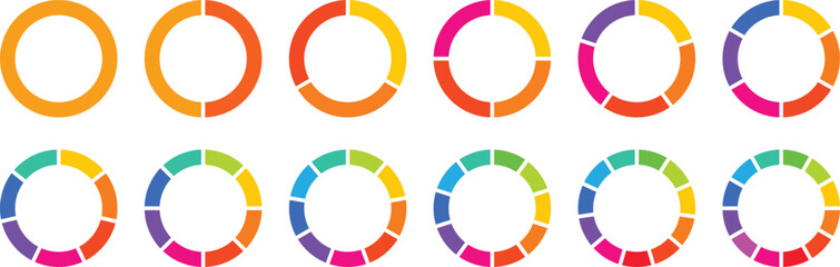 Circle pie chart diagram. 2,3,4,5,6,7,8,9,10,11,12 sections or steps. Circle section graph. Colorful Pie chart set. Pie chart circle. Flat process cycle. Progress sectors. Vector illustration