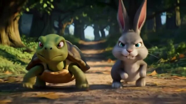 a turtle and a hare run a race in the forest
