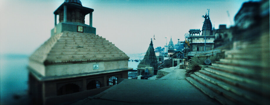 Panoramic view of temples and ghats along the Ganges River, Varanasi, Uttar Pradesh, India.