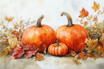 Two pumpkins surrounded by vibrant autumn leaves.