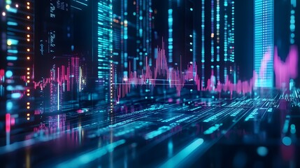 Cyber City Symphony: A captivating futuristic cityscape pulses with vibrant neon lights, illustrating the dynamic energy of data streams in a digitally immersive environment.