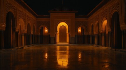 An illuminated courtyard in an ornate building at night time
