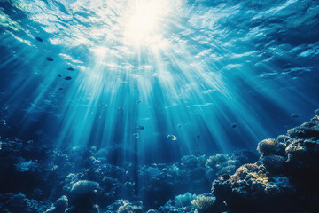Obraz premium Sunlight illuminating coral reef in crystal-clear waters.