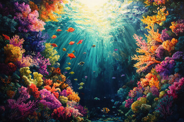 Naklejka premium Vibrant coral reef with colorful fish and intricate corals, creating a lively underwater scene full of movement and beauty.