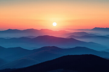 Obraz premium Sunset over mountains silhouette, creating a stunning orange and purple sky backdrop.