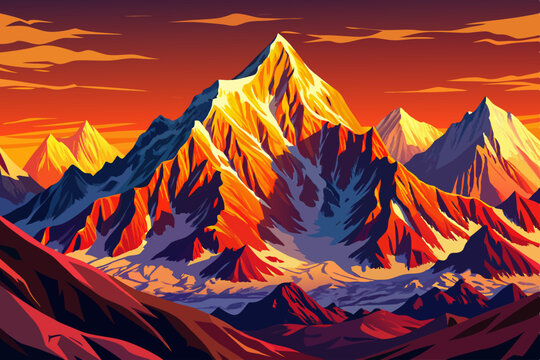 Mount Everest with isolated background at sunset time, Simple cartoon design Flat style vector illustration