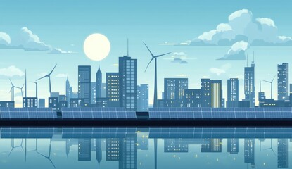 Sustainable city skyline at dawn with renewable energy