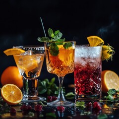 Stylish cocktails with citrus fruits create an appetizing display in a dark setting Generative AI