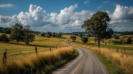 Fototapeta premium Country road winding through green summer meadows, blue sky with fluffy clouds, peaceful rural scenery