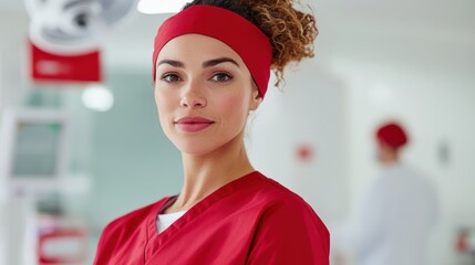 medical campaign shoot, a nurse is depicted in a campaign-style, gently preparing a donor with soft lighting and a clean red and white background, highlighting compassion and professionalism
