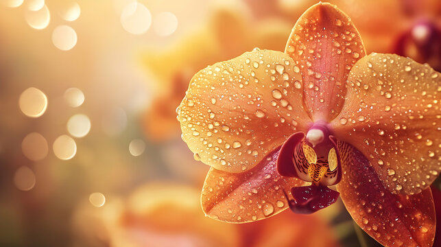 Close-up of vibrant orange orchid petals with dew drops.
