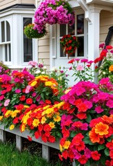 Fototapeta premium Vibrant flower boxes overflowing with blooms in front of charming house, home, pot