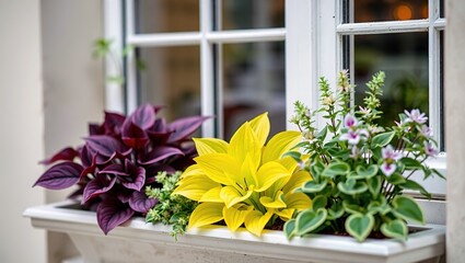 Fototapeta premium Colorful Hostas, Exochorda, and Sidalcea in a Window Box