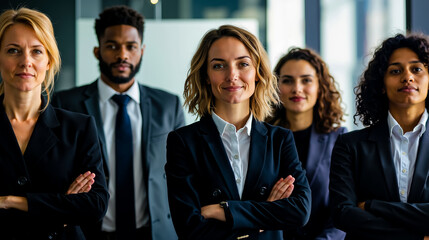 A group of business people standing in a line with their arms crossed