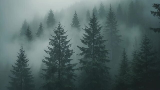 Misty mountain scenery featuring an enigmatic fir forest. Cross-processed filter, vintage hipster aesthetic. Charming video wallpaper. Earth's beauty.